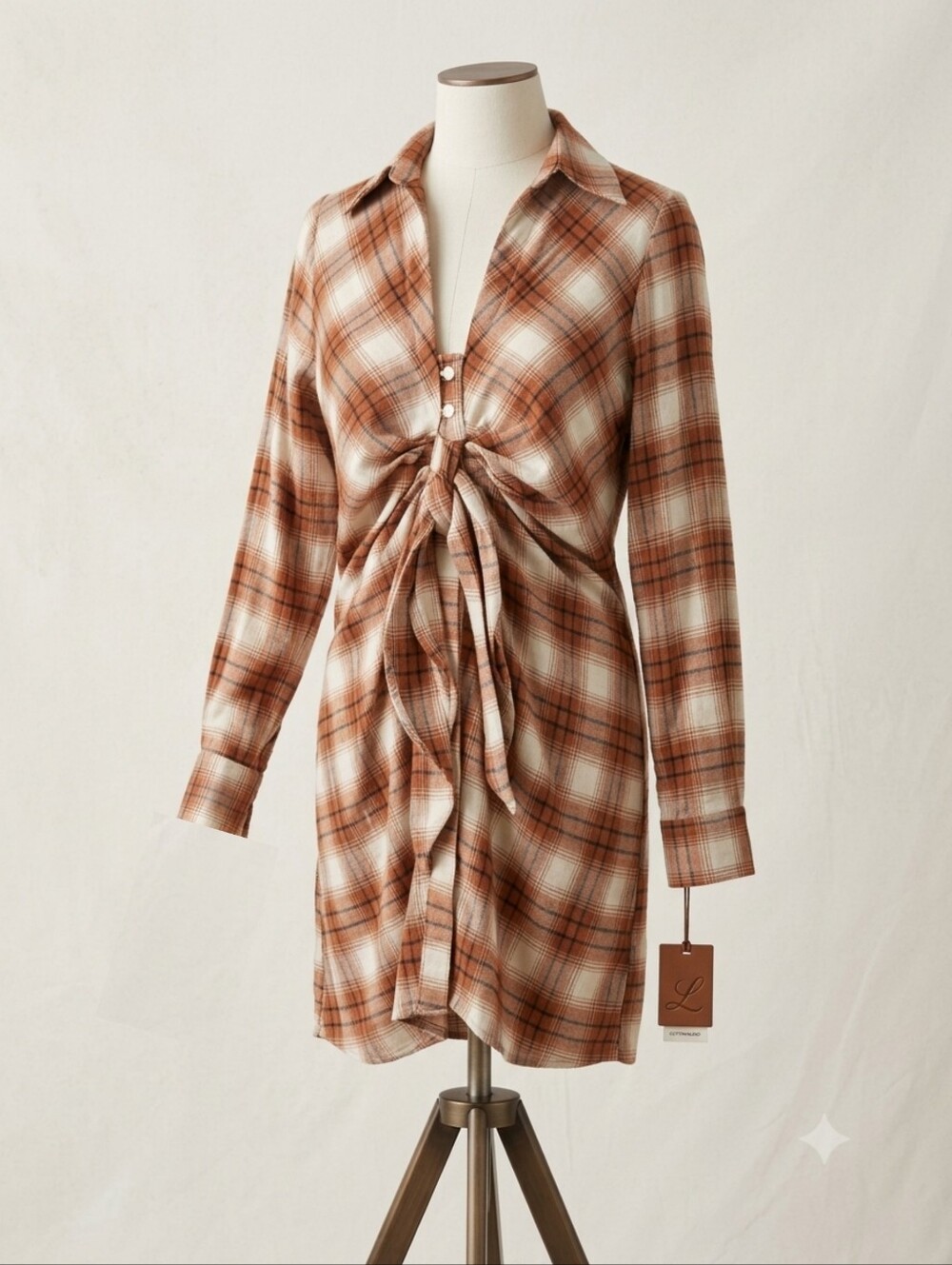 Peach Love NWT Plaid Tie-Front Shirt Dress in Brown and Cream, Size Small